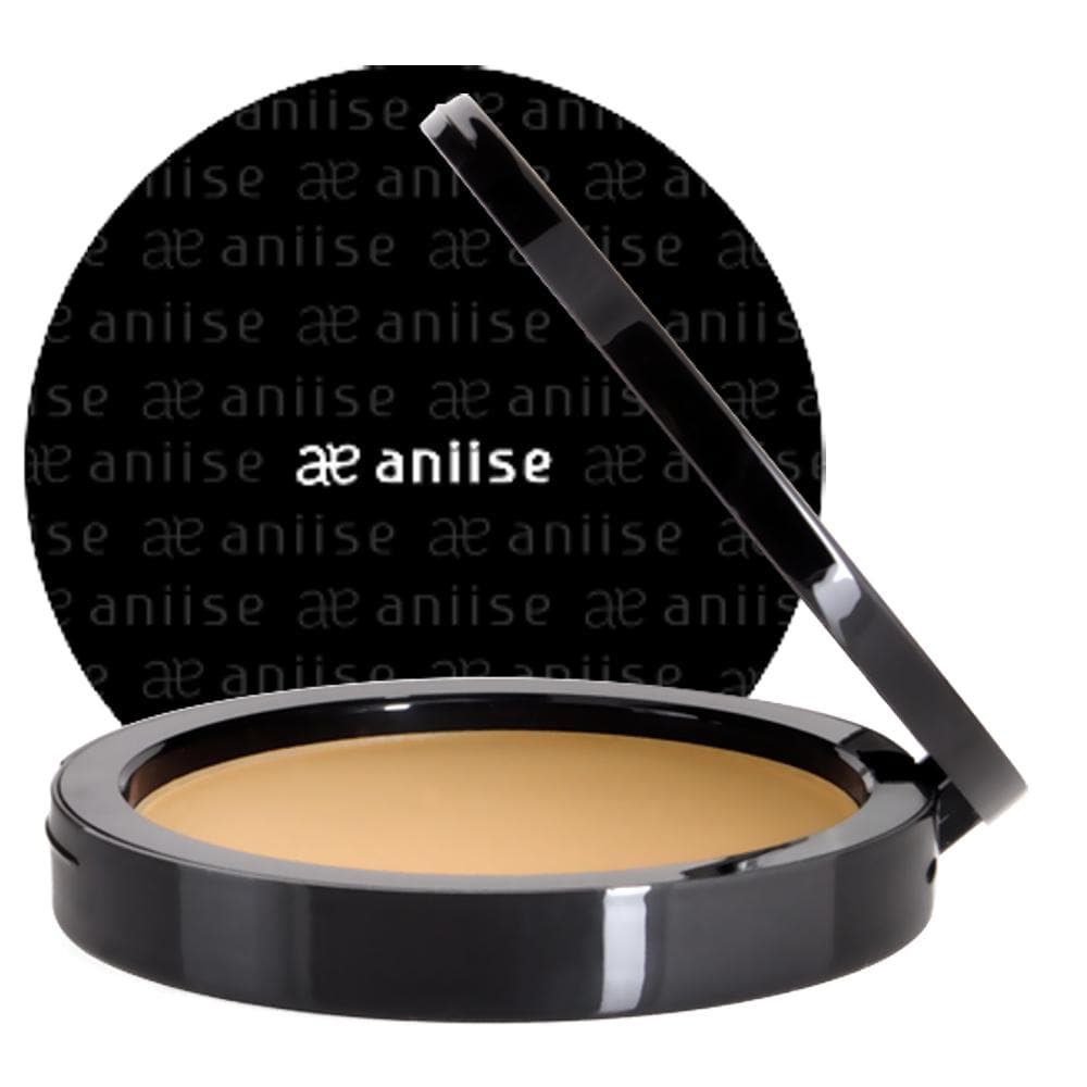 A compact powder foundation with a sleek design, showcasing various shades for a natural finish.