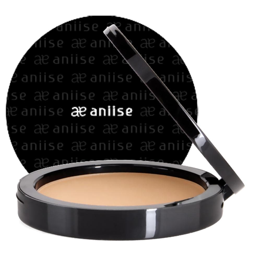 A compact powder foundation with a sleek design, showcasing various shades for a natural finish.