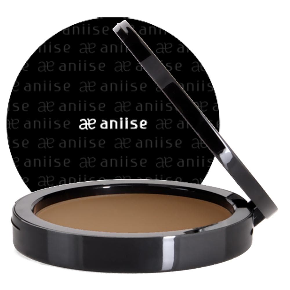 A compact powder foundation with a sleek design, showcasing various shades for a natural finish.