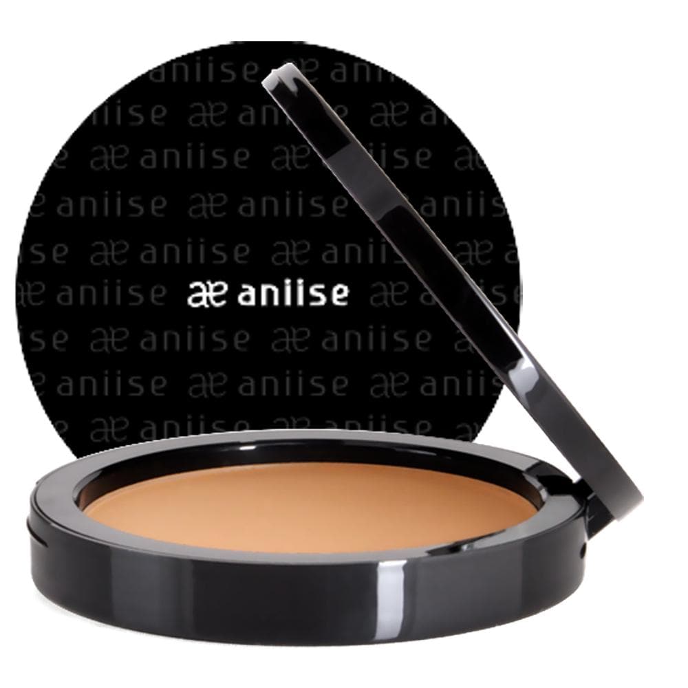 A compact powder foundation with a sleek design, showcasing various shades for a natural finish.