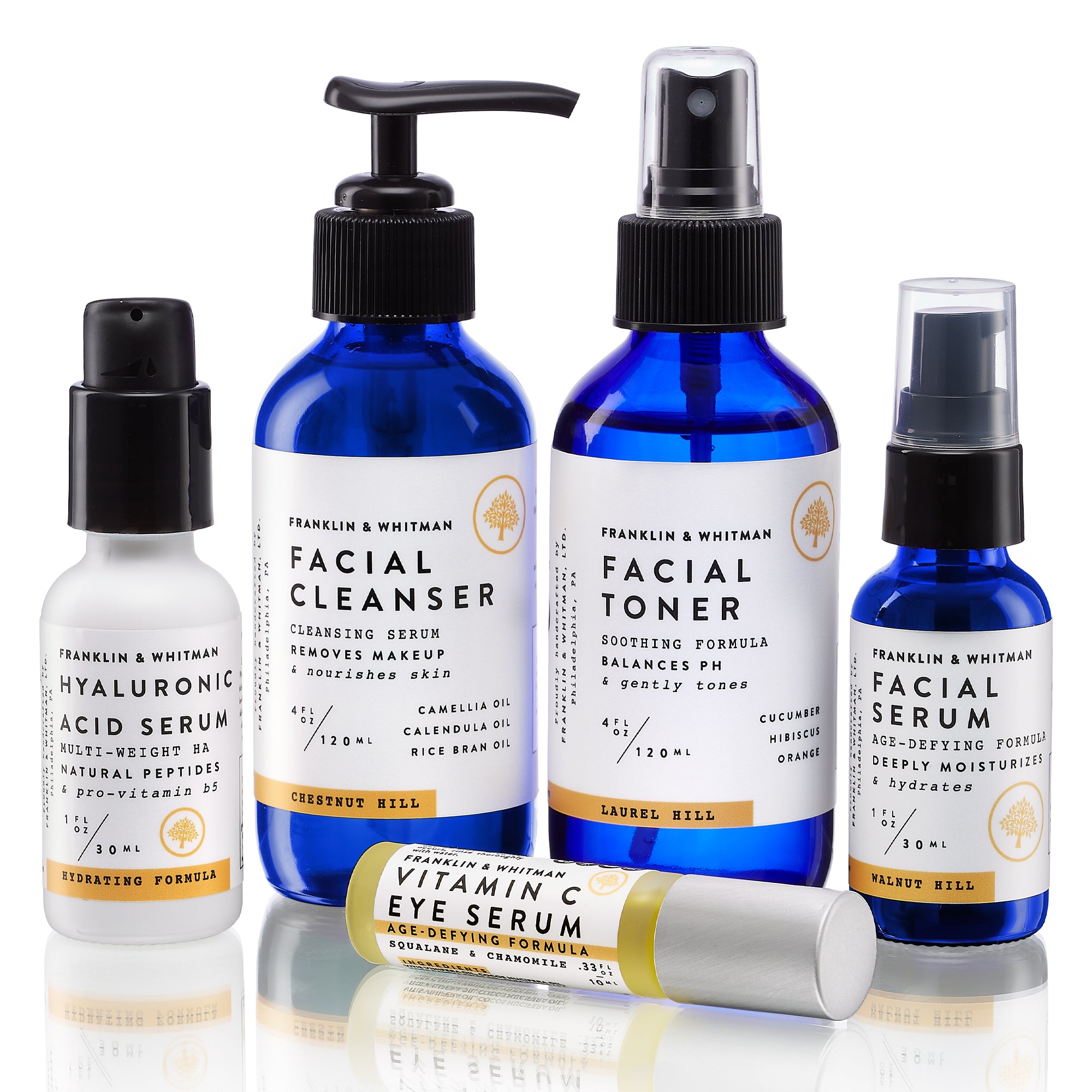 Daily Face Care Kit featuring cleansing serum, toner, and face serum in elegant packaging.