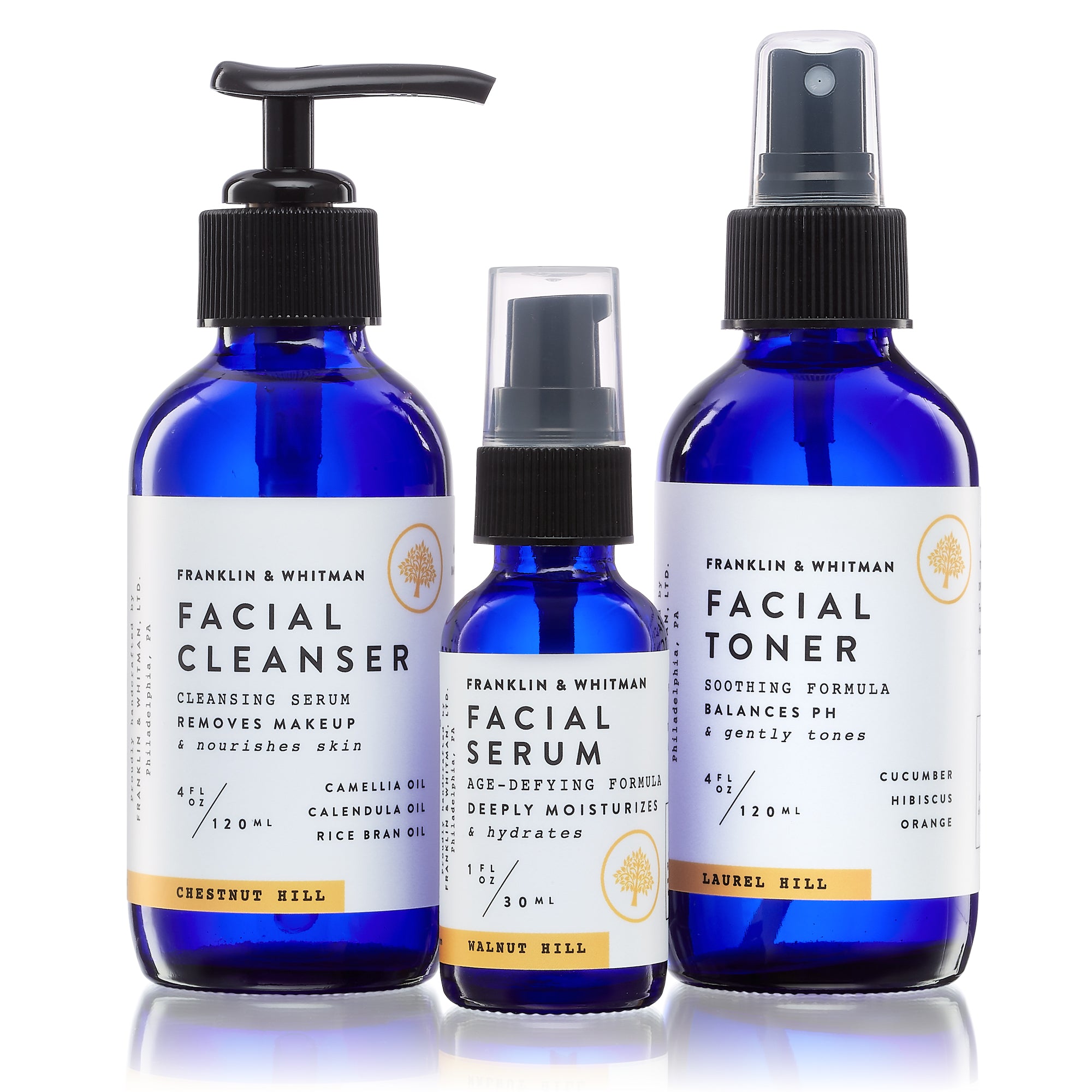 Daily Face Care Kit featuring cleansing serum, toner, and face serum in elegant packaging.