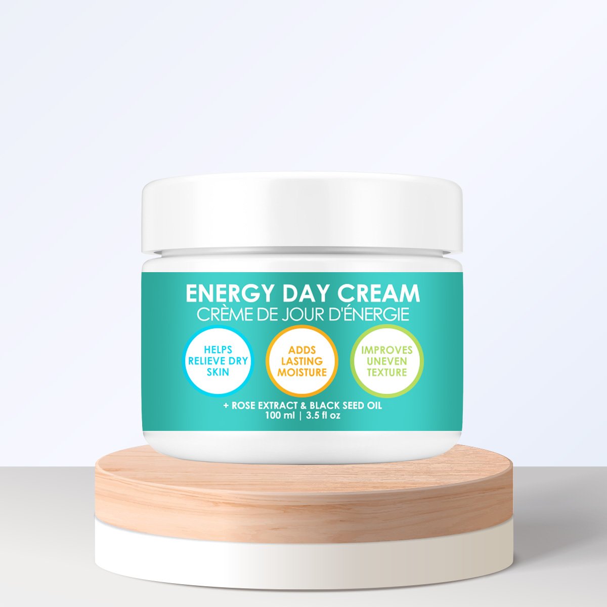 A jar of Energy Day Cream featuring a lightweight formula with antioxidants and natural oils, designed for all skin types.