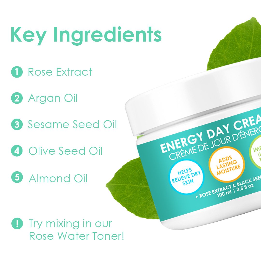 A jar of Energy Day Cream featuring a lightweight formula with antioxidants and natural oils, designed for all skin types.