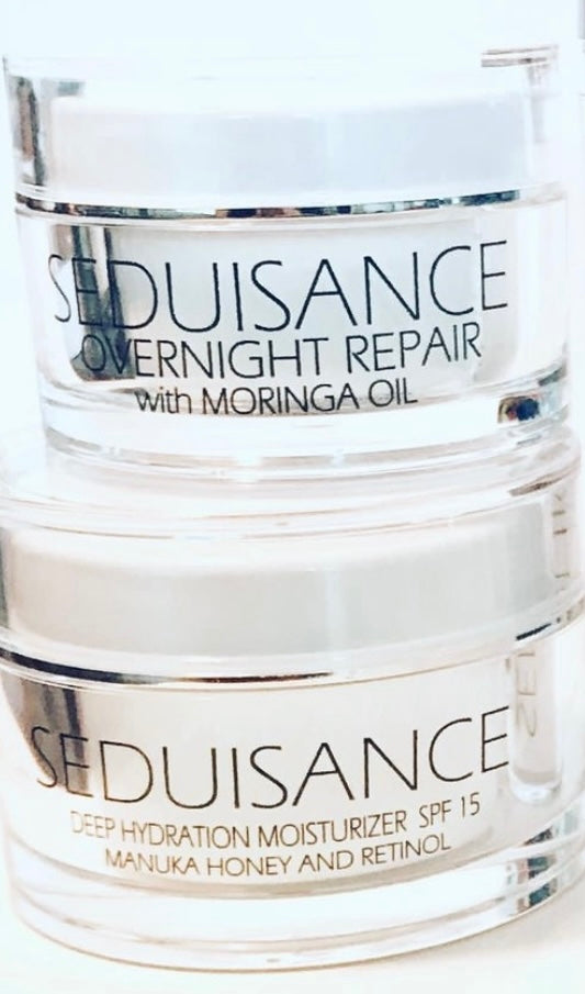 DAY & NIGHT MOISTURIZING DUO featuring Deep Hydration Moisturizer with Manuka Honey and Overnight Repair cream with Moringa Oil.