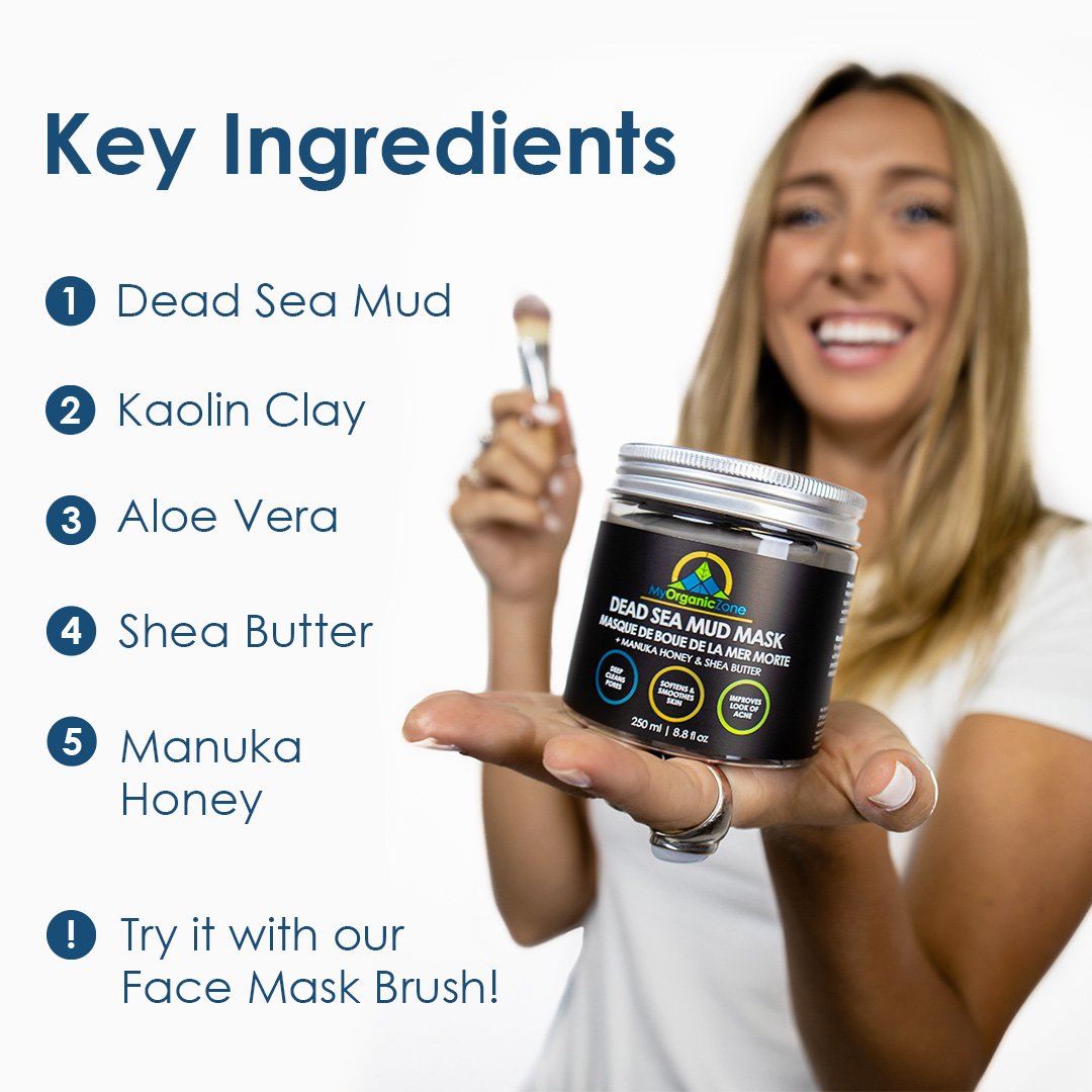 Dead Sea Mud Mask in a jar with a smooth texture, surrounded by natural ingredients like aloe vera and coconut oil.