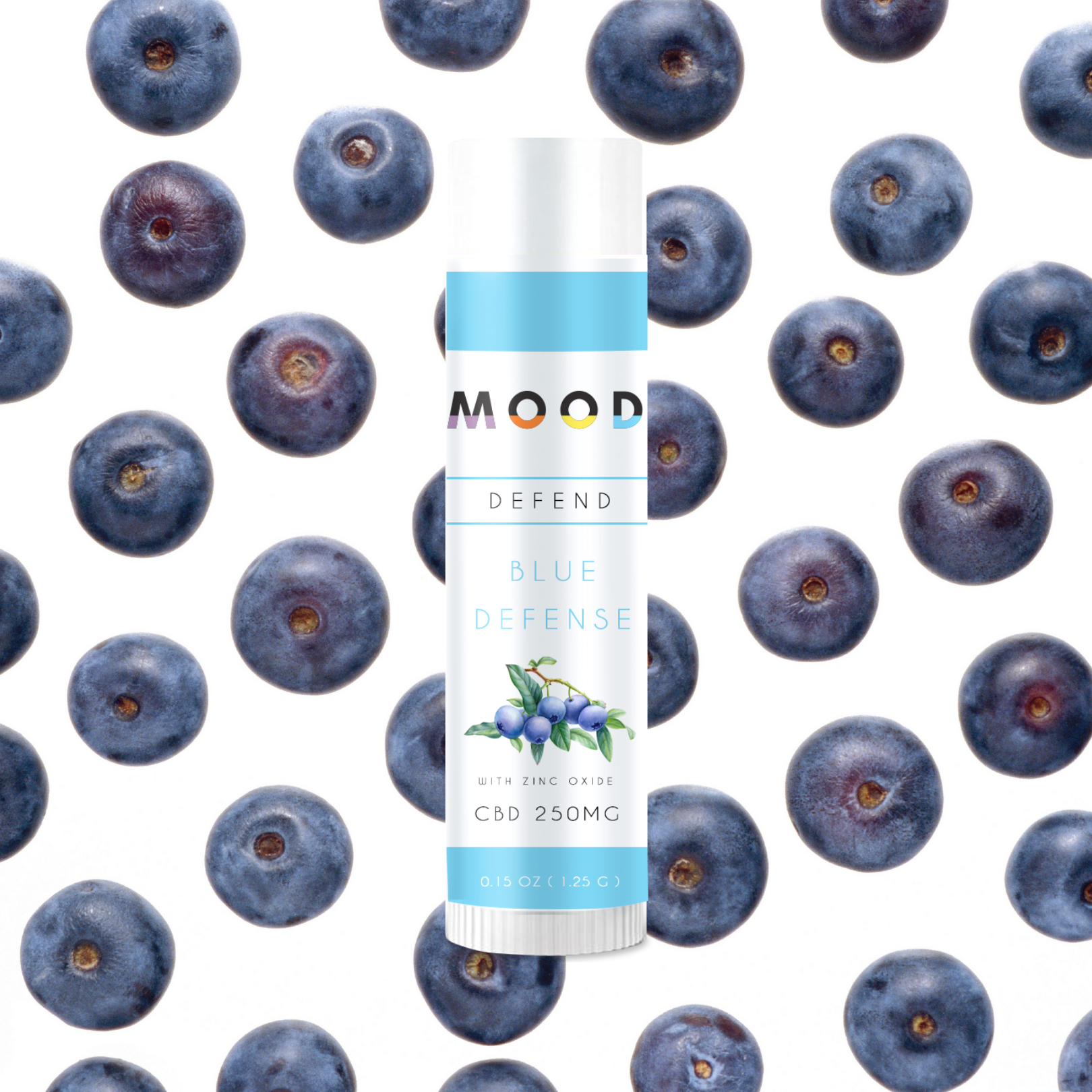 DEFEND Lip Balm tube with blueberry seed oil and CBD ingredients, showcasing its protective and healing properties for lips.