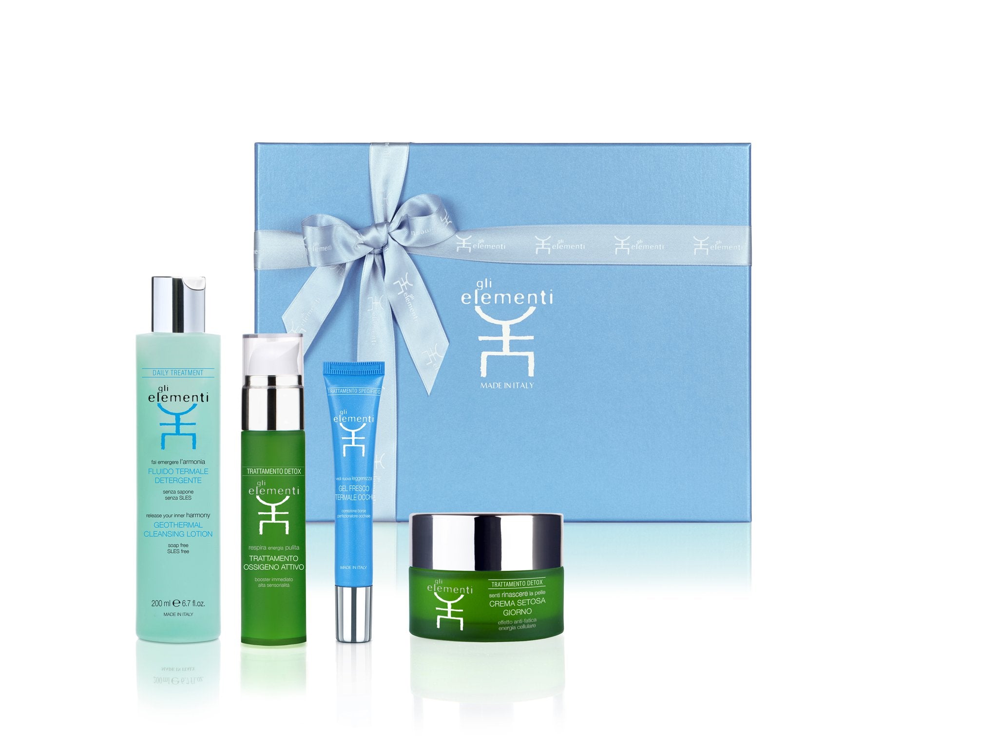 Detox Ritual kit featuring cleansing milk, treatment mask, day cream, and eye gel for anti-pollution skincare.