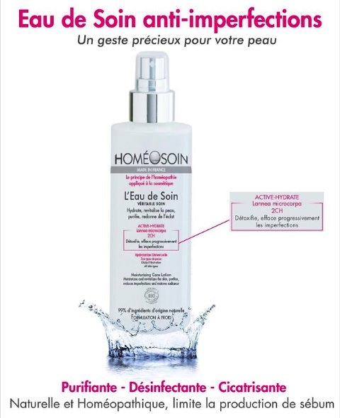 Eau de Soin ACTIVE-HYDRATE facial treatment bottle with hydrating ingredients, showcasing its natural and organic formulation.