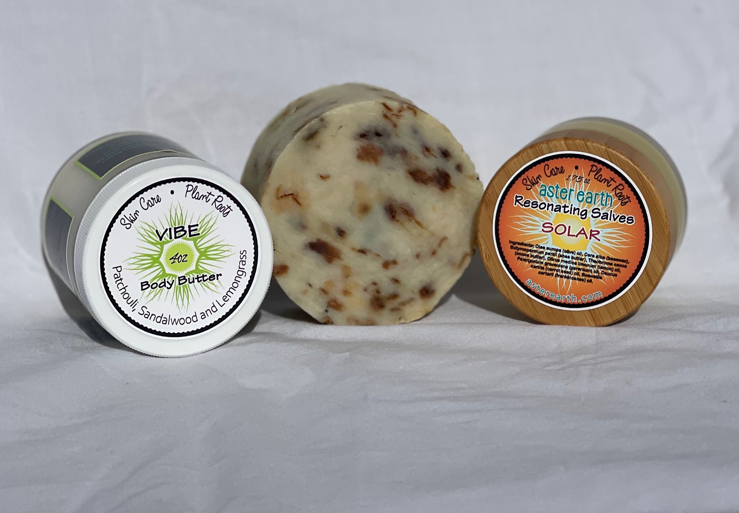 Eczema Relief Selection featuring Bedtime Soap Blend, Vibe Body Butter, and Solar Salve with natural ingredients.