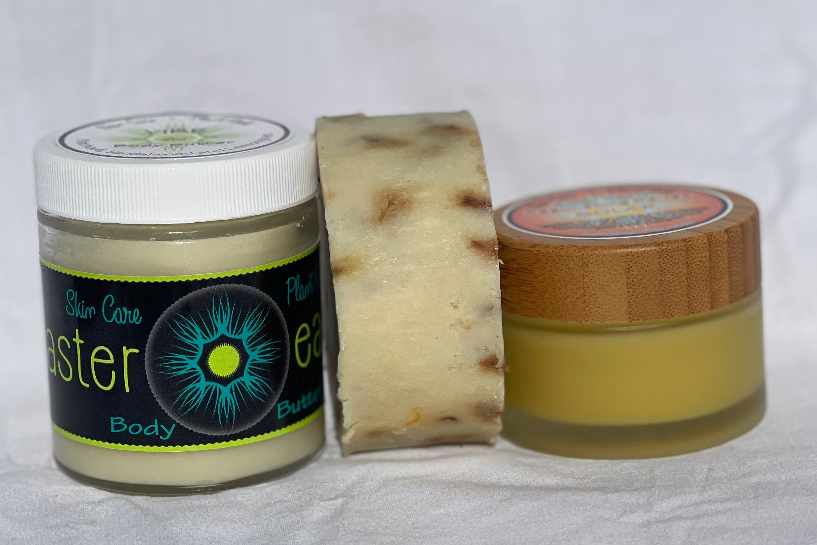 Eczema Relief Selection featuring Bedtime Soap Blend, Vibe Body Butter, and Solar Salve with natural ingredients.