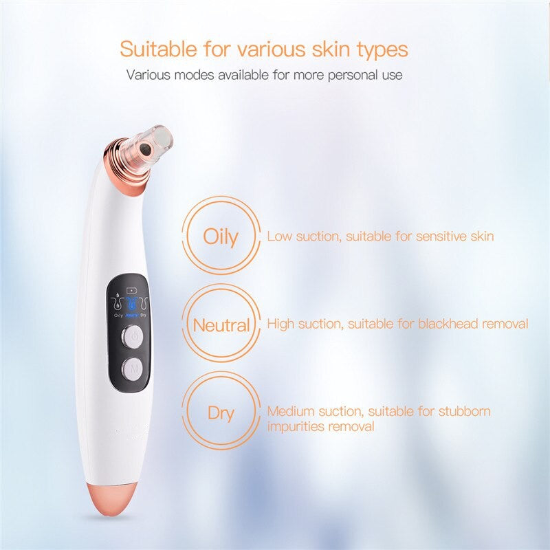 Electric Blackhead Remover with multiple probes for deep pore cleaning and acne removal, featuring a sleek design and USB charging capability.