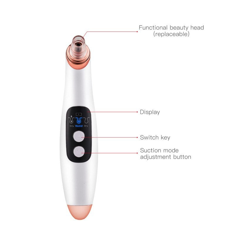 Electric Blackhead Remover with multiple probes for deep pore cleaning and acne removal, featuring a sleek design and USB charging capability.