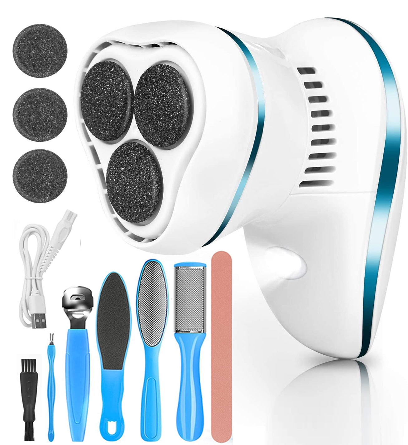 Electric Anti-Callus Foot Rasp with 6 interchangeable rollers and USB charging cable, designed for effective foot care.