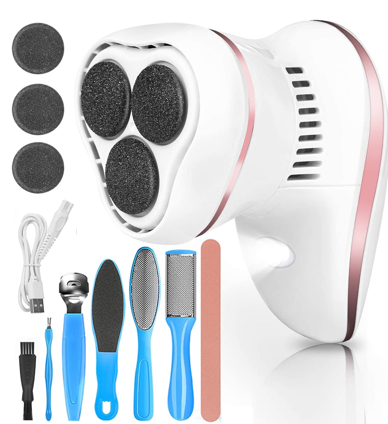 Electric Anti-Callus Foot Rasp with 6 interchangeable rollers and USB charging cable, designed for effective foot care.