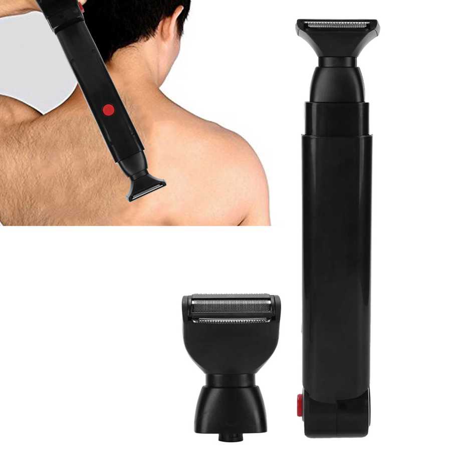 Electric Back Shaver 2 In 1 Facial Hair Trimmer Razor with ergonomic handle and replaceable blades for easy grooming.