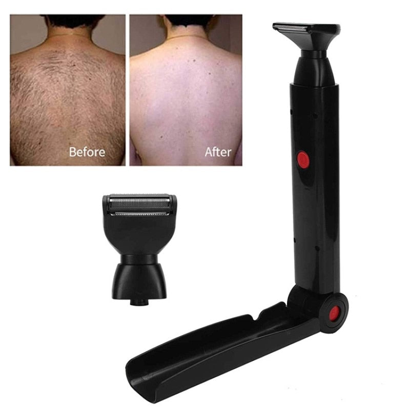 Electric Back Shaver 2 In 1 Facial Hair Trimmer Razor with ergonomic handle and replaceable blades for easy grooming.