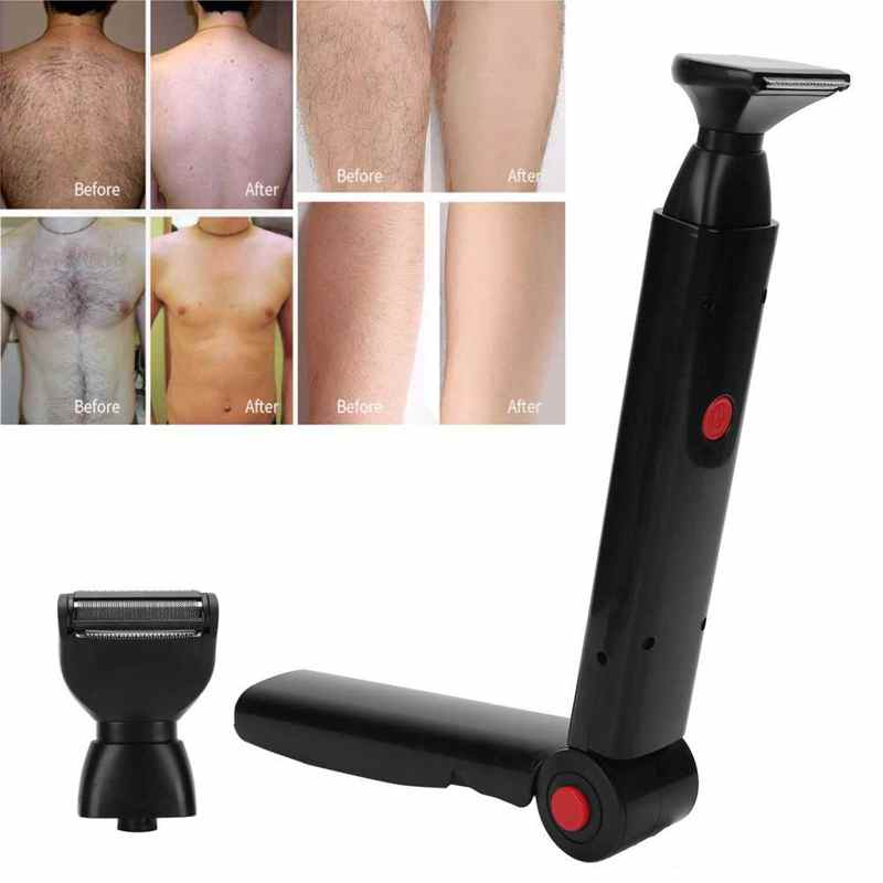 Electric Back Shaver 2 In 1 Facial Hair Trimmer Razor with ergonomic handle and replaceable blades for easy grooming.