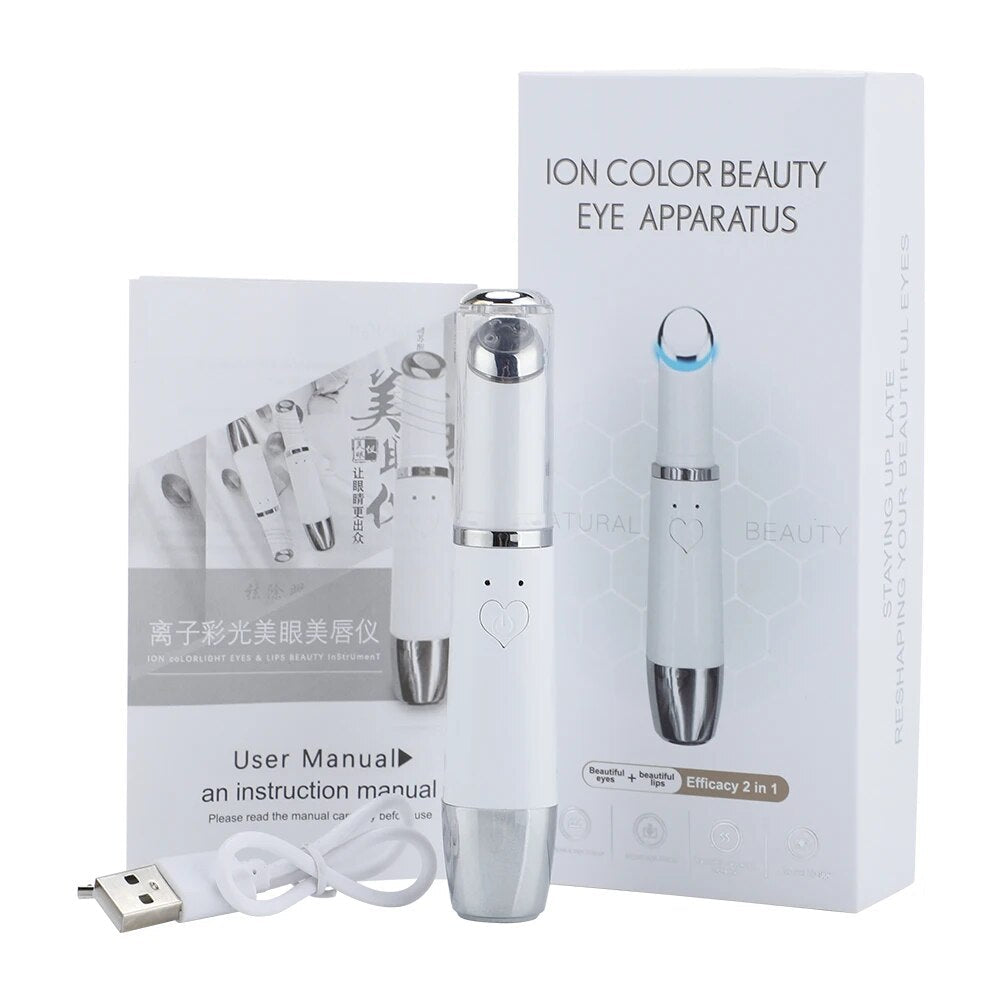 Electric Eye Massager with USB charging cord, designed for reducing dark circles and puffiness with heat and vibration.