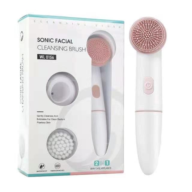 Electric Face Clean Brush in pink and blue colors with silicone and PBT brush heads, designed for deep facial cleansing.