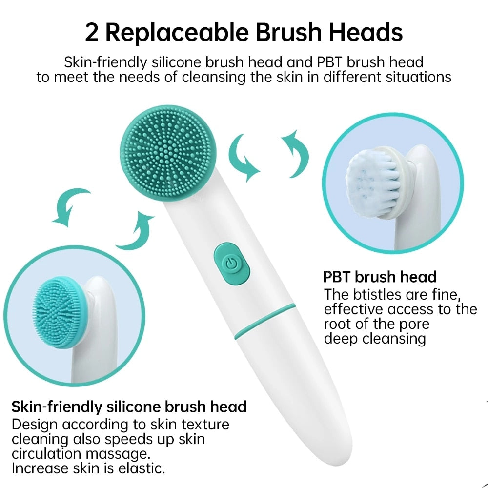 Electric Face Clean Brush in pink and blue colors with silicone and PBT brush heads, designed for deep facial cleansing.