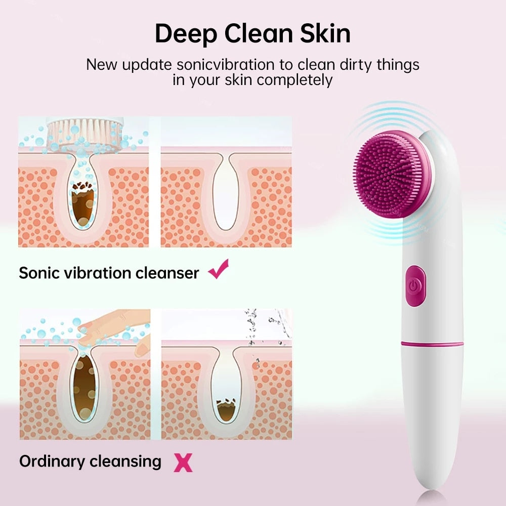 Electric Face Clean Brush in pink and blue colors with silicone and PBT brush heads, designed for deep facial cleansing.