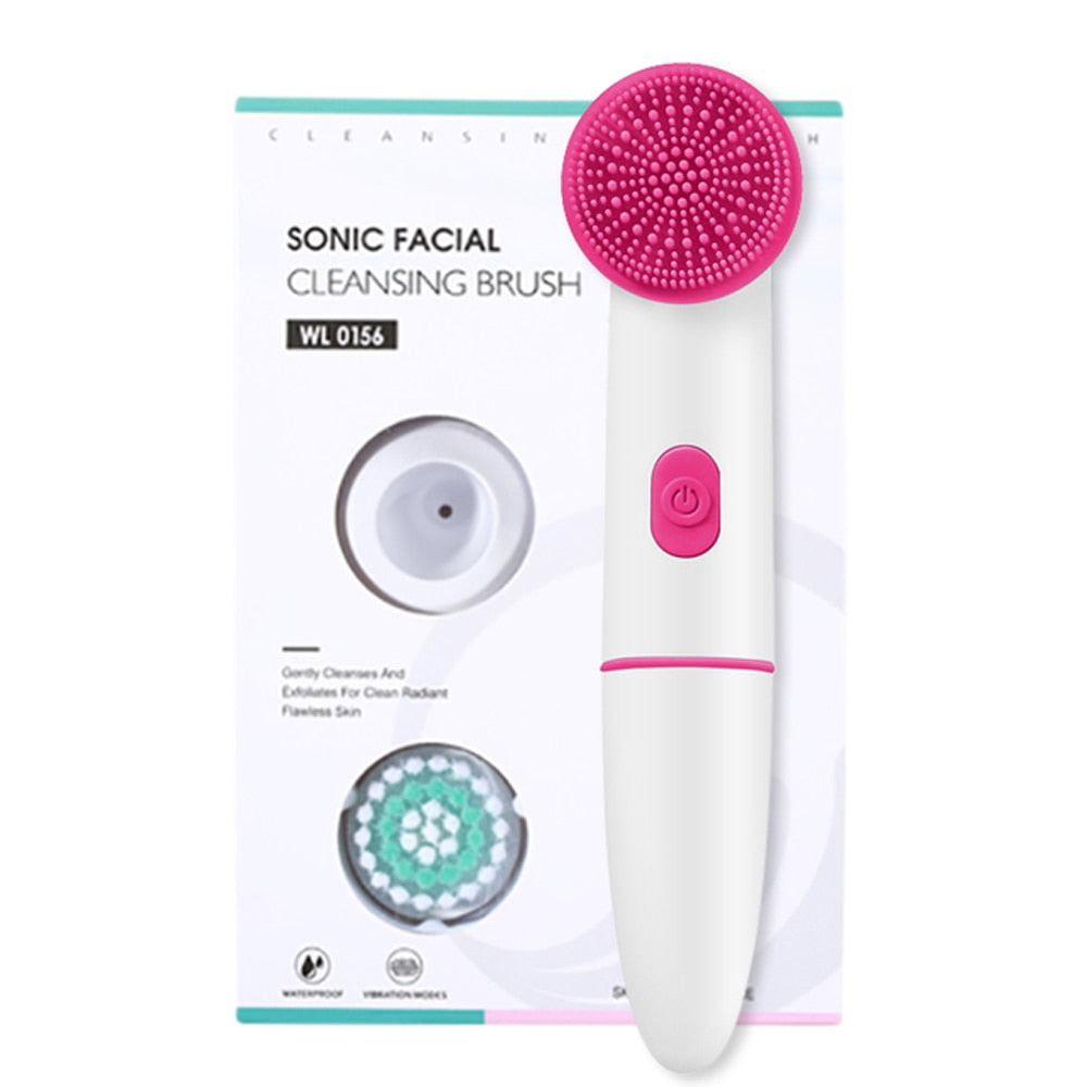 Electric Face Clean Brush in pink and blue colors with silicone and PBT brush heads, designed for deep facial cleansing.