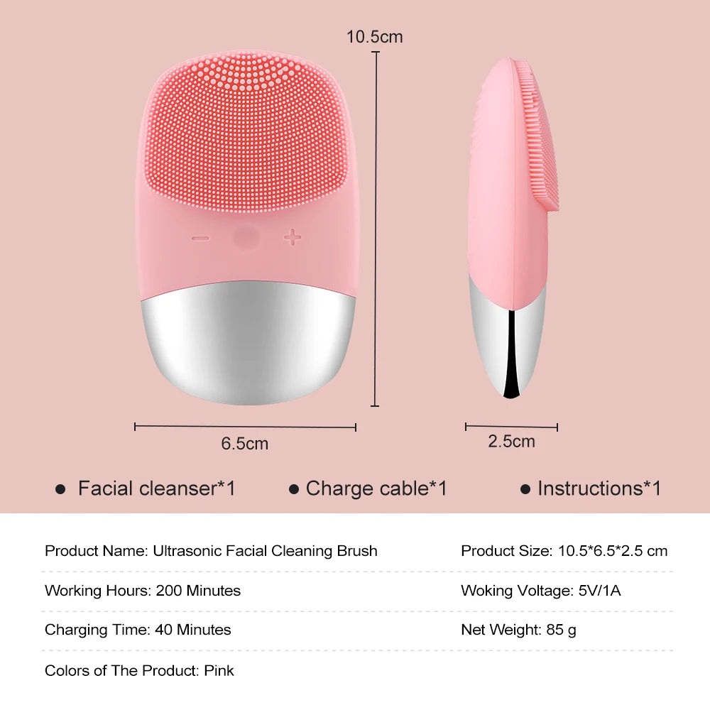 Electric Face Cleansing Brush in pink color, showcasing its ergonomic design and compact size.