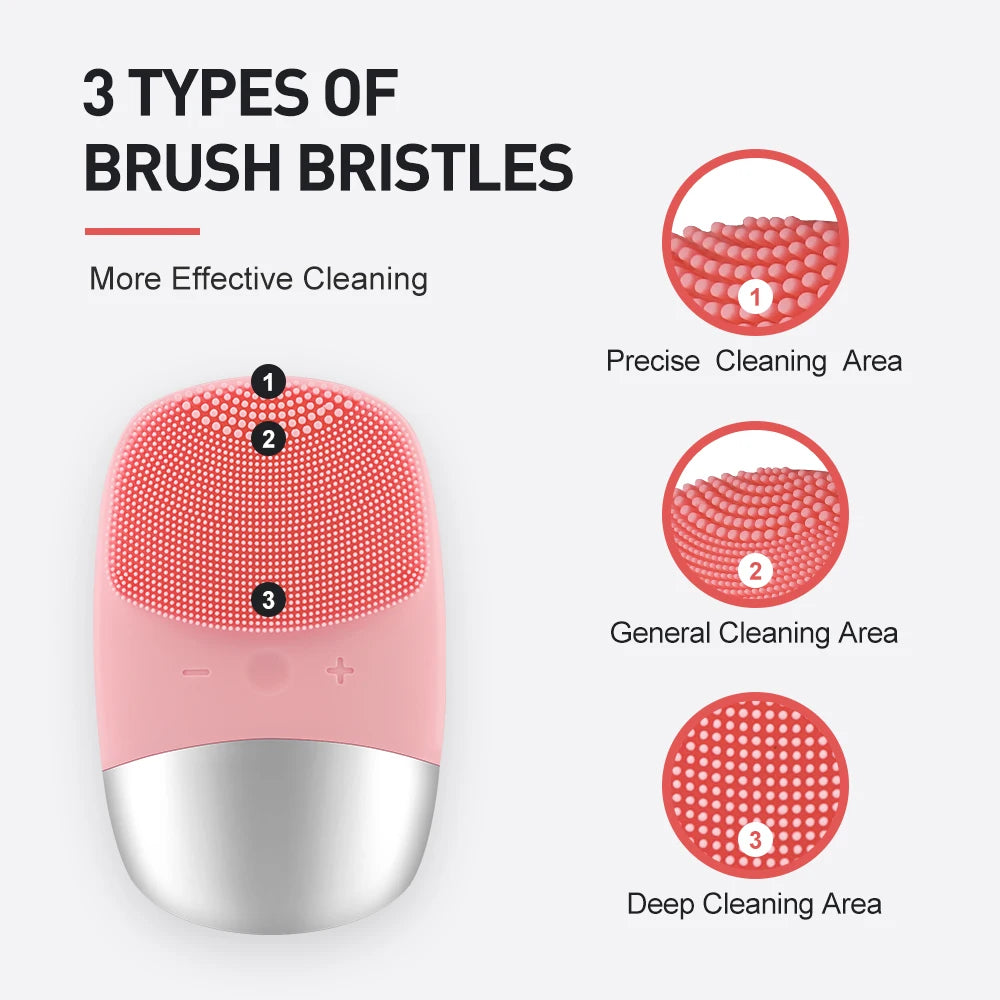 Electric Face Cleansing Brush in pink color, showcasing its ergonomic design and compact size.