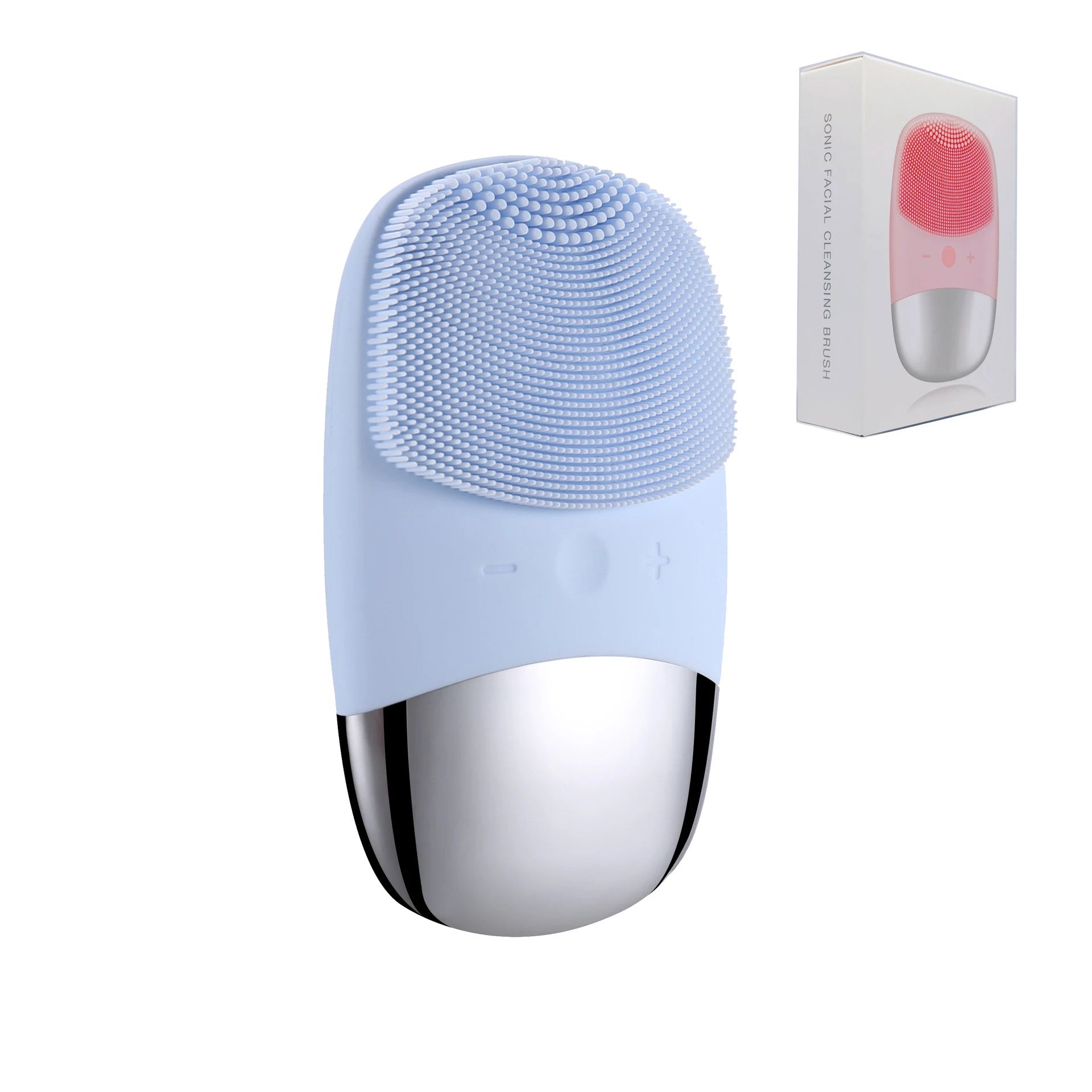 Electric Face Cleansing Brush in pink color, showcasing its ergonomic design and compact size.