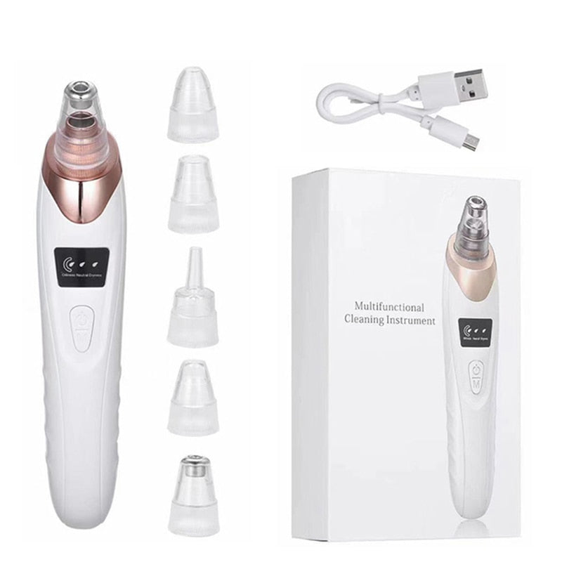 Electric Facial Blackhead Remover Vacuum with multiple replacement heads and USB charging cable, designed for effective acne and blackhead removal.