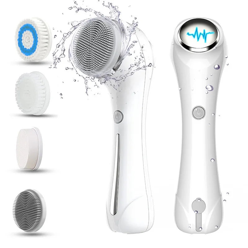 Electric Facial Cleansing Brush with multiple brush heads and ergonomic design for effective skincare.