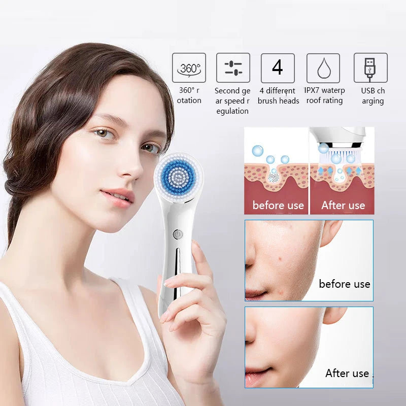 Electric Facial Cleansing Brush with multiple brush heads and ergonomic design for effective skincare.