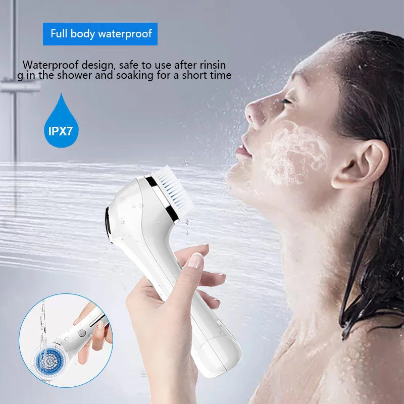 Electric Facial Cleansing Brush with multiple brush heads and ergonomic design for effective skincare.