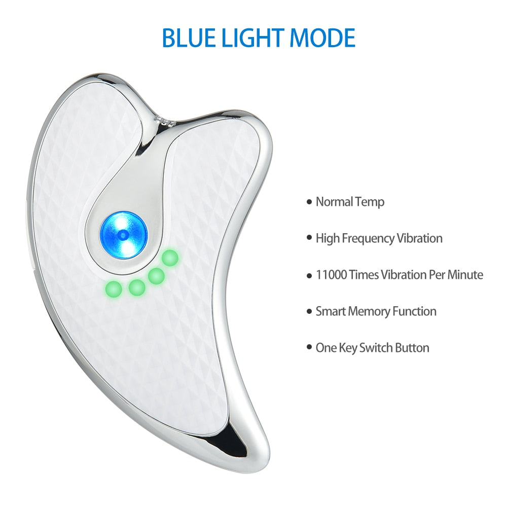 Electric Facial Scraper in red and blue colors with LED lights, designed for facial lifting and massage.