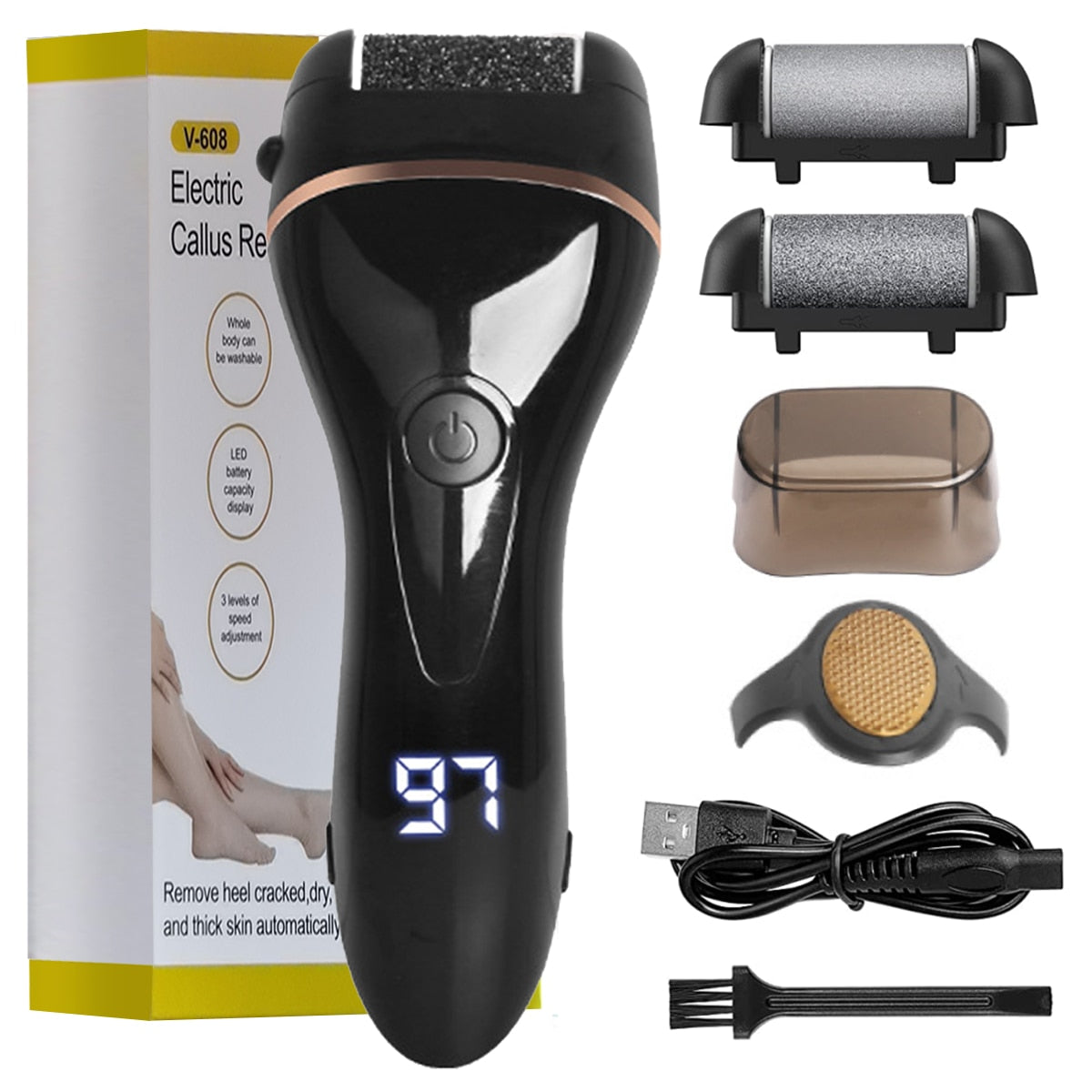 Electric Foot File for Heels with three roller heads and ergonomic design, perfect for pedicure and callus removal.