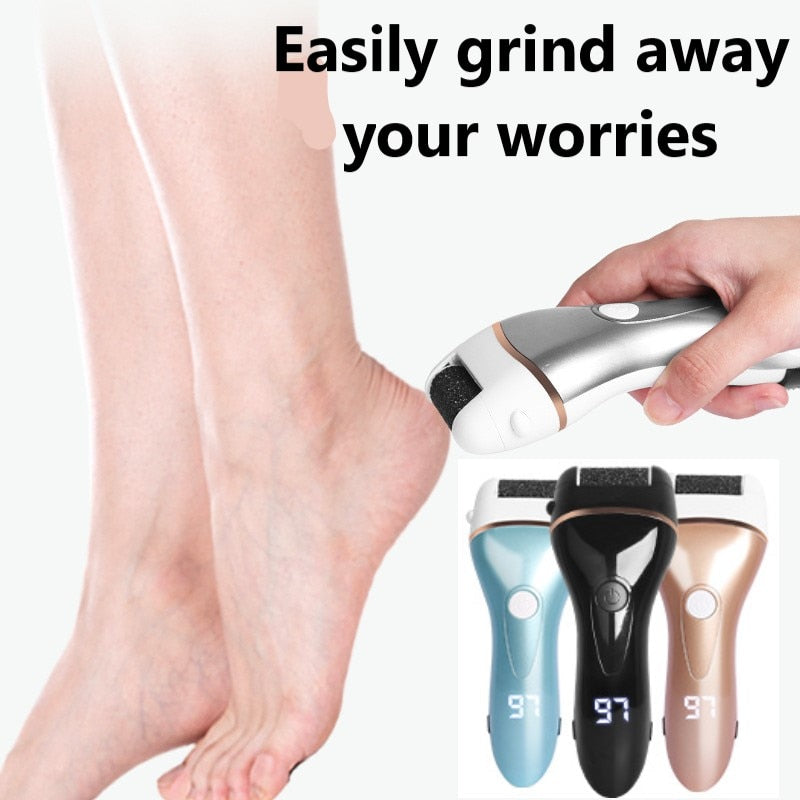 Electric Foot File for Heels with three roller heads and ergonomic design, perfect for pedicure and callus removal.