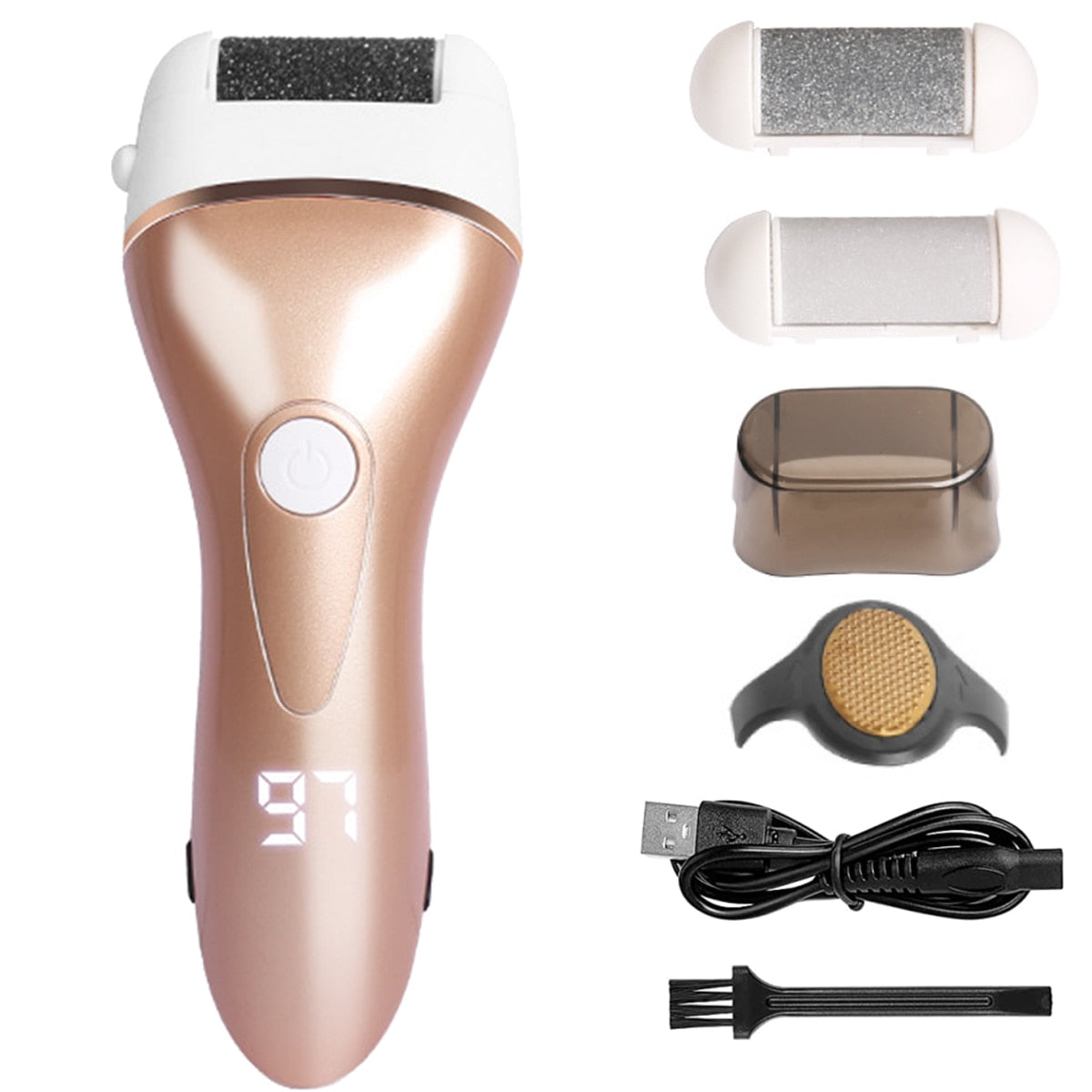 Electric Foot File for Heels with three roller heads and ergonomic design, perfect for pedicure and callus removal.