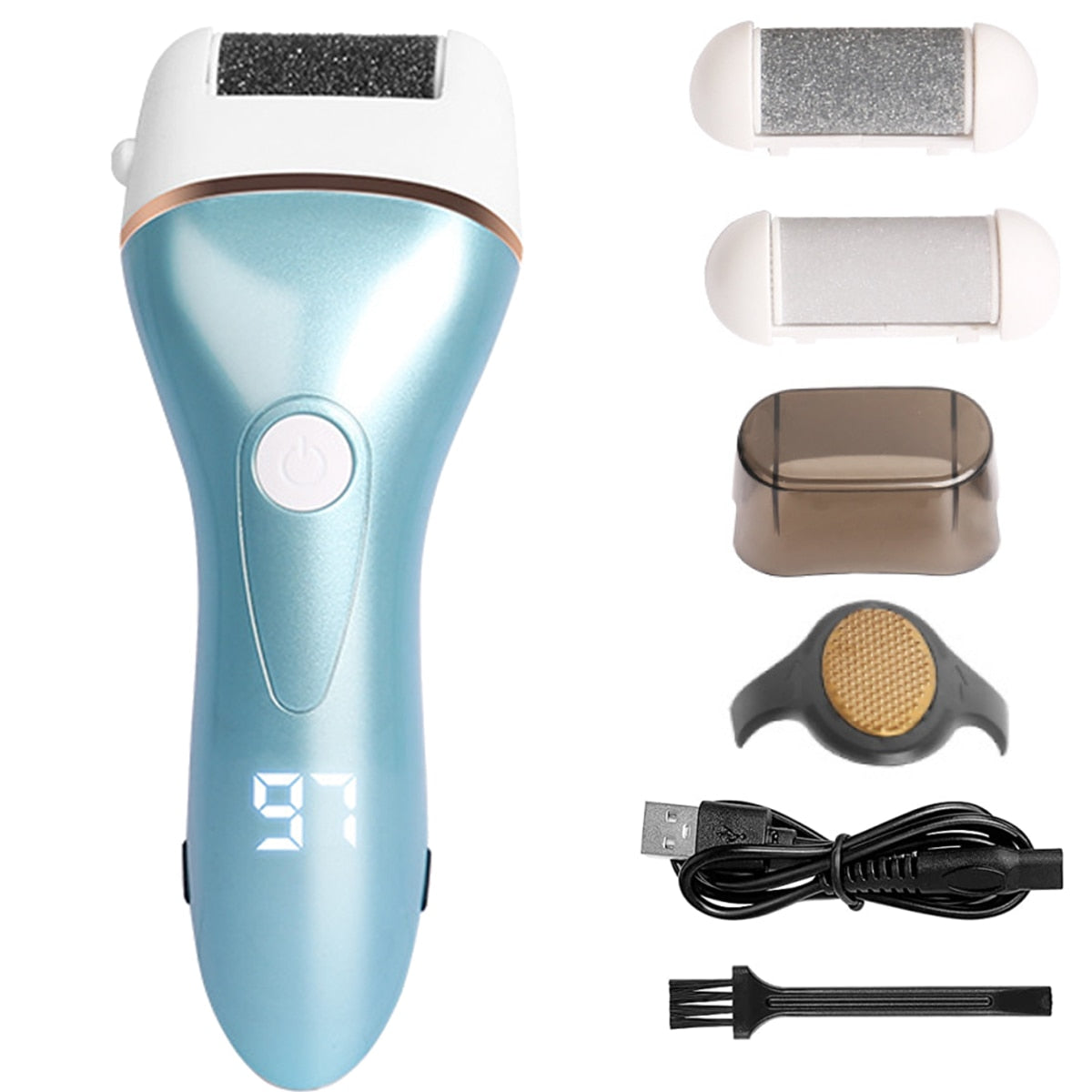 Electric Foot File for Heels with three roller heads and ergonomic design, perfect for pedicure and callus removal.