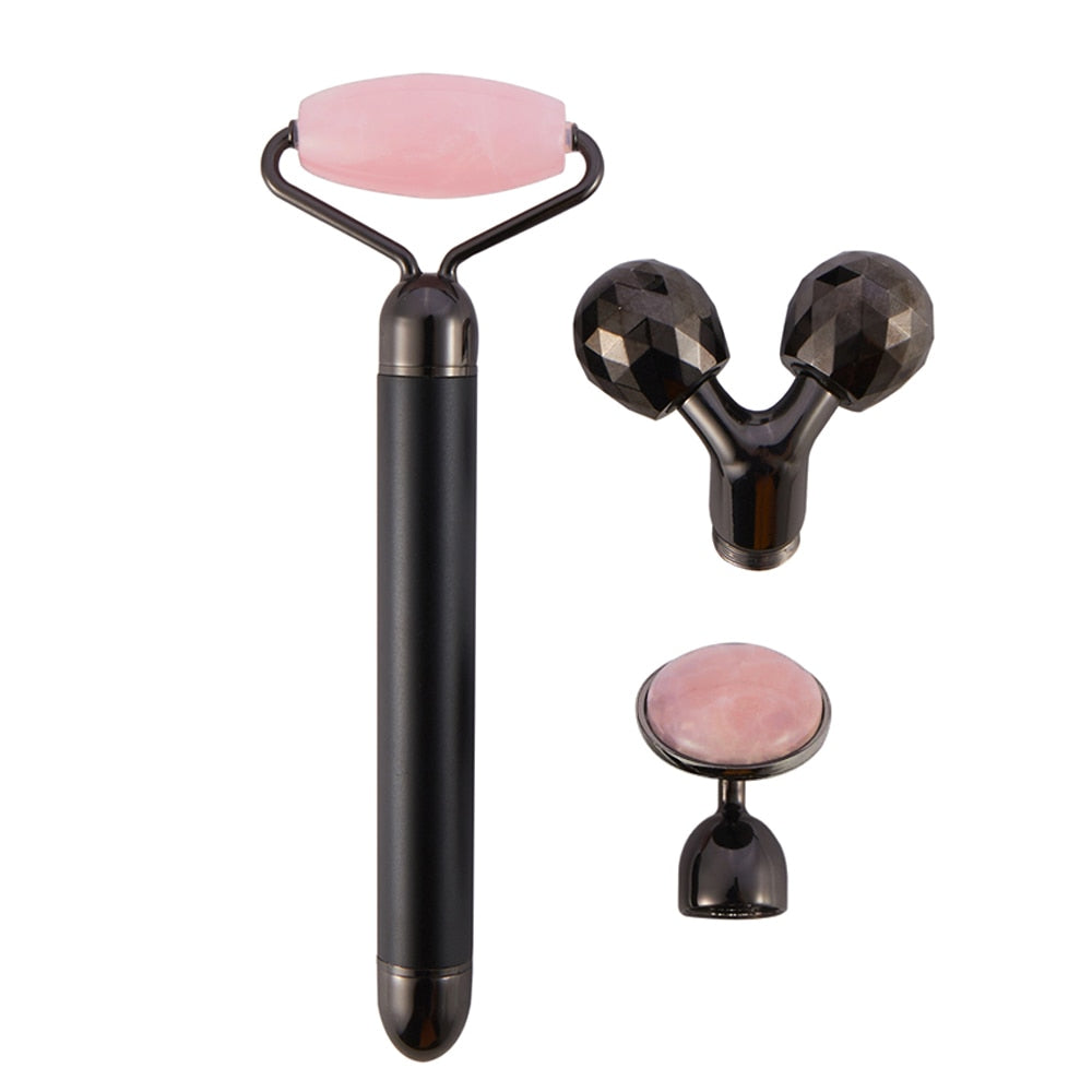 Electric Jade Roller Facial Massager set including a vibrating facial roller, 3D roller, and under-eye press massager, designed for skincare enhancement.