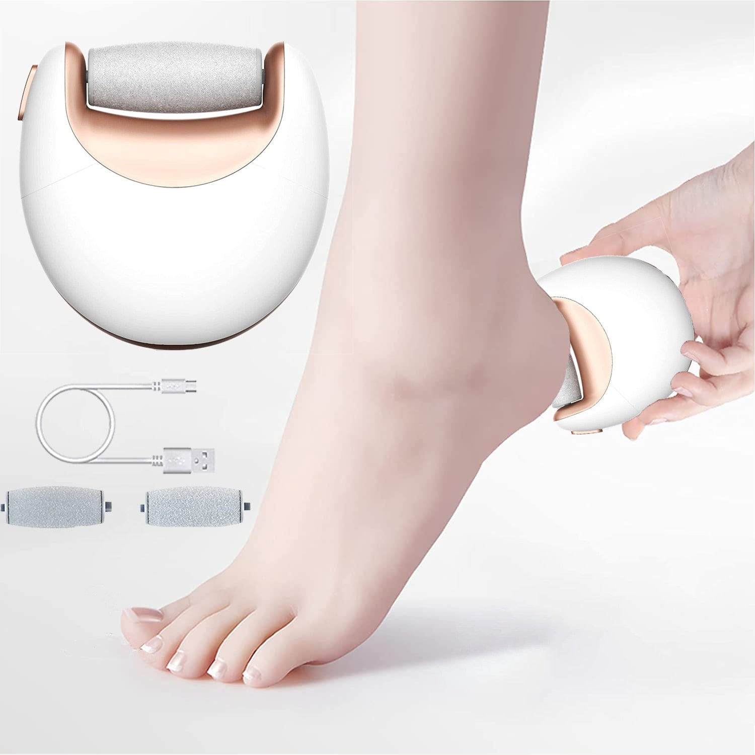 Electric Pedicure Foot File Callus Remover Grinder USB with two roller heads and charging cable, designed for effective foot care.