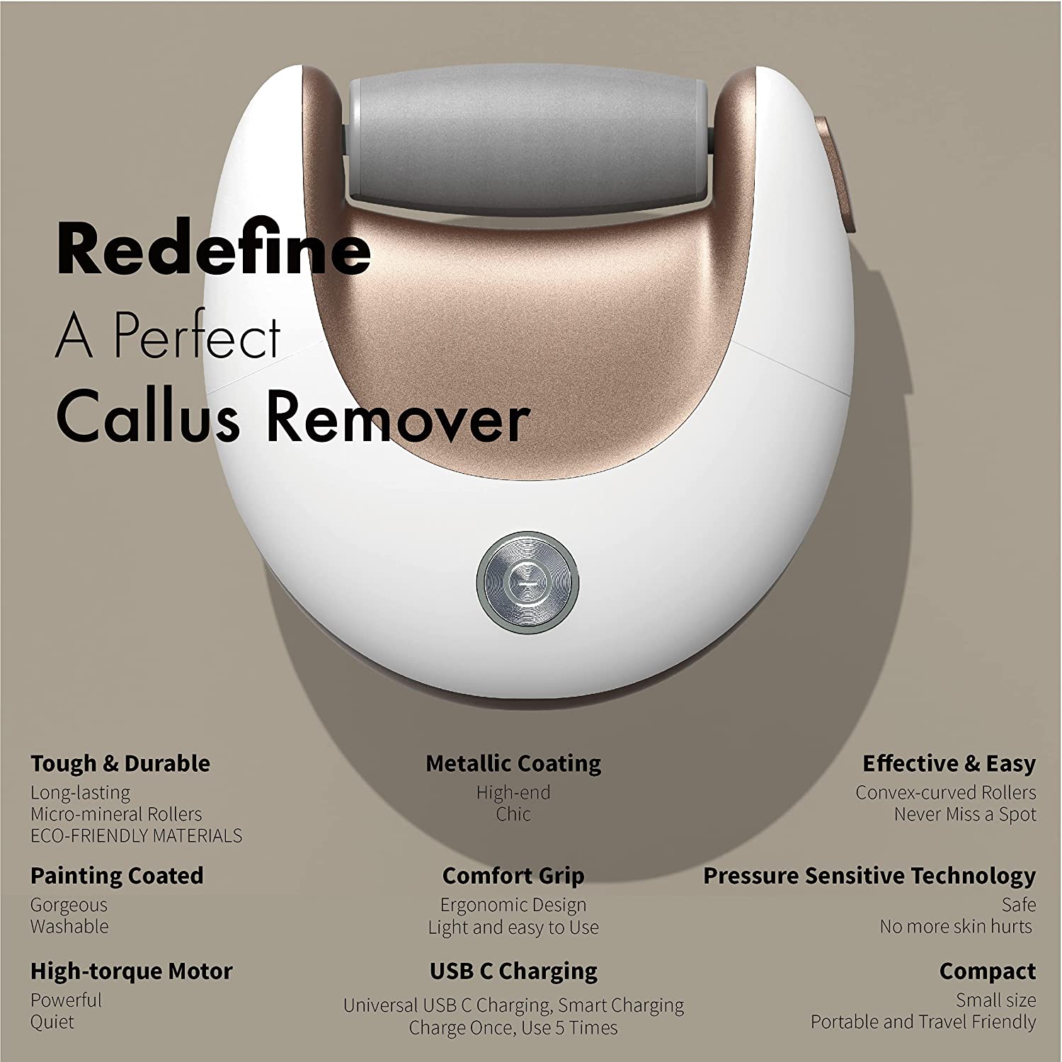 Electric Pedicure Foot File Callus Remover Grinder USB with two roller heads and charging cable, designed for effective foot care.