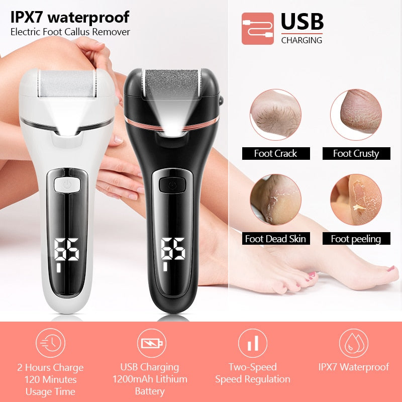 Electric Pedicure Tools Dead Skin Callus Remover with three grinding heads and USB charging port, designed for effective foot care.