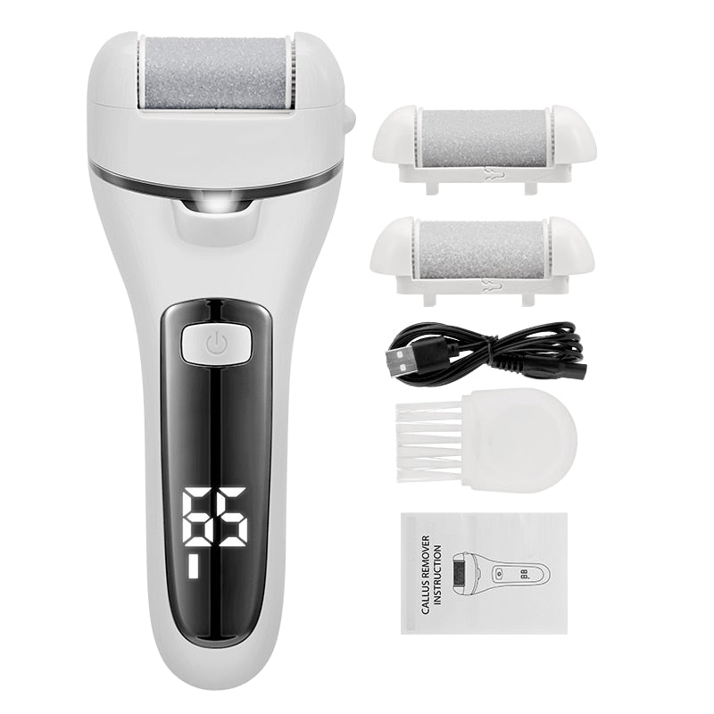 Electric Pedicure Tools Dead Skin Callus Remover with three grinding heads and USB charging port, designed for effective foot care.