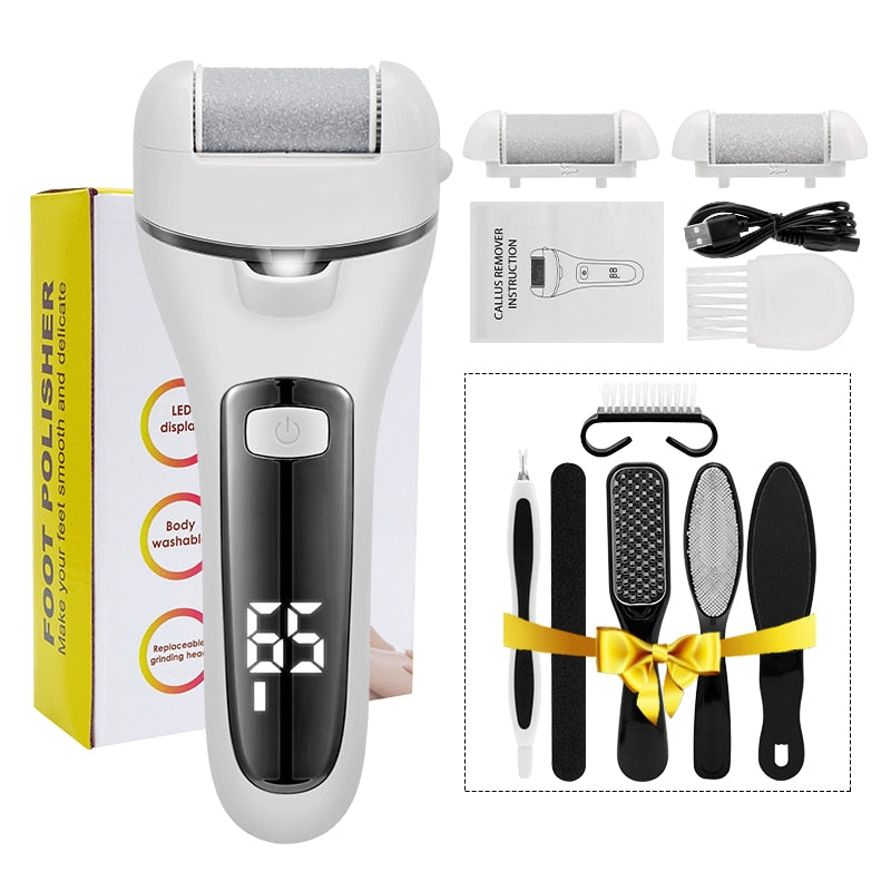 Electric Pedicure Tools Foot Care File with three grinding heads and a waterproof design, perfect for callus removal and foot care.