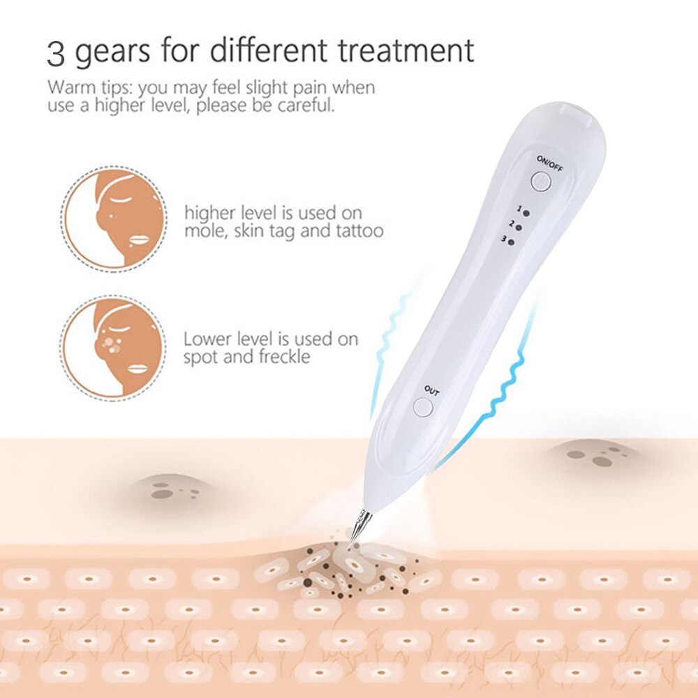 Electric Plasma Jet Pen Freckle Remover Machine in white color, designed for mole and freckle removal with adjustable intensity levels.