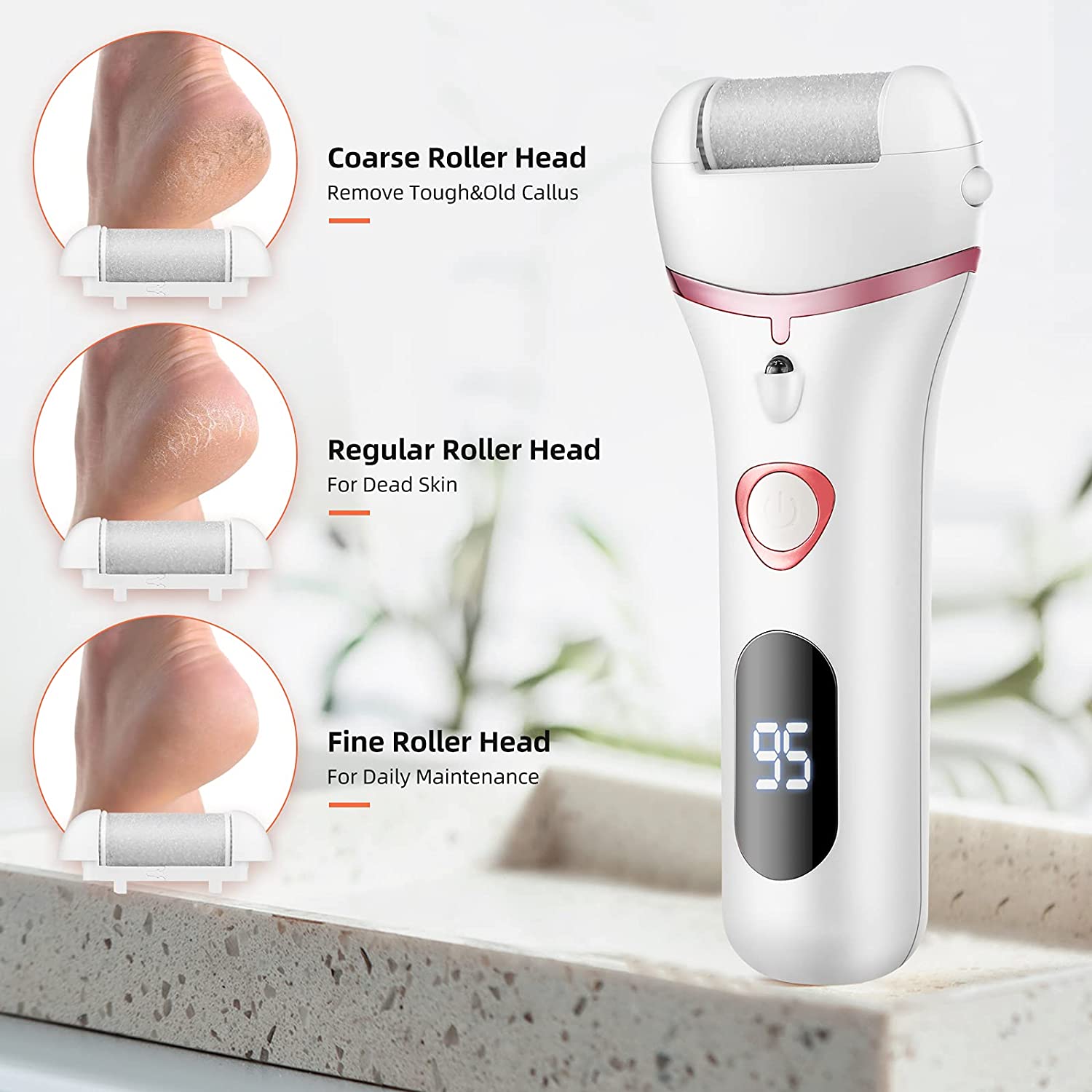 Electric Rechargeable Foot Grinder with three roller heads for effective foot exfoliation and repair.