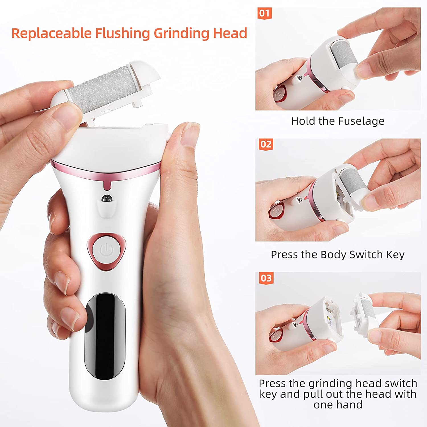 Electric Rechargeable Foot Grinder with three roller heads for effective foot exfoliation and repair.