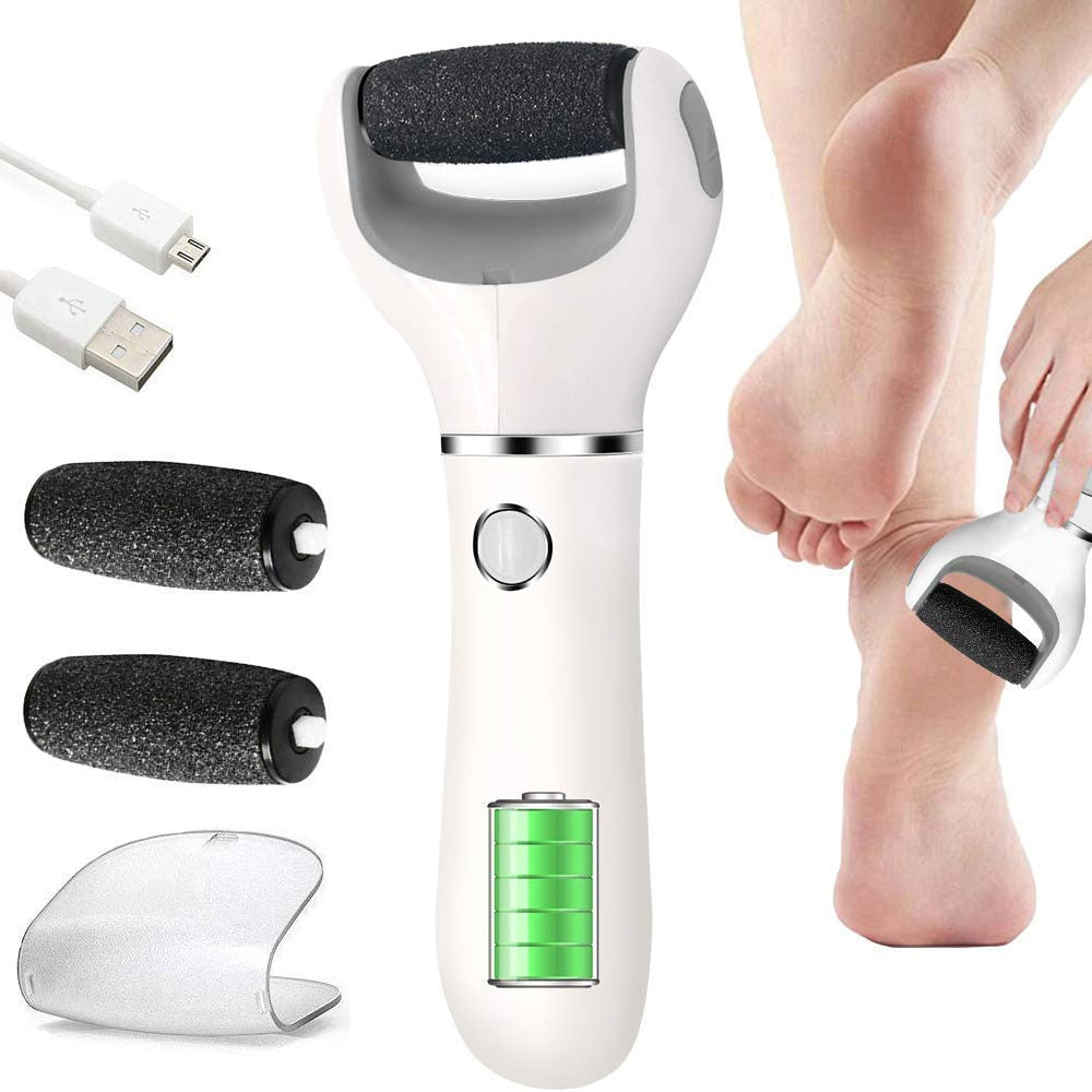 Electric USB Rechargeable Foot Grinder with ergonomic handle and roller heads for effective callus removal.