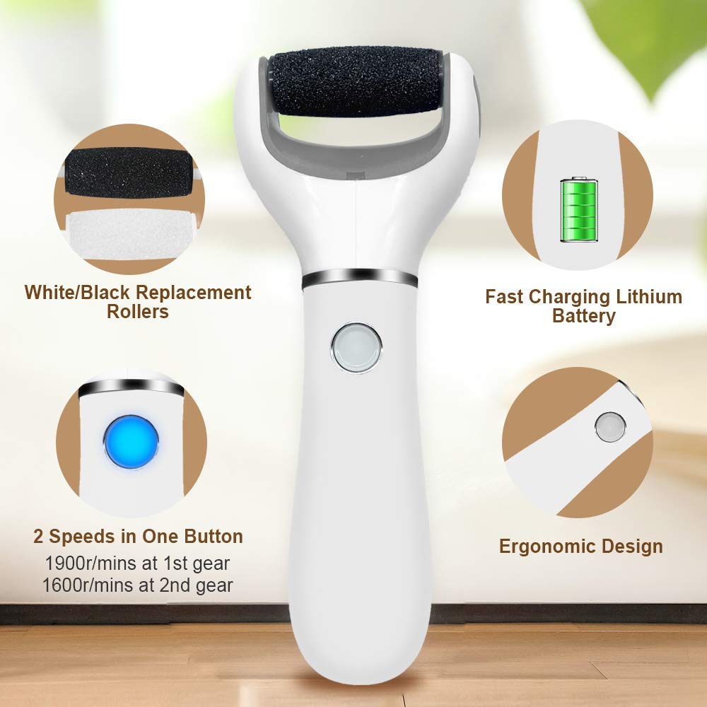 Electric USB Rechargeable Foot Grinder with ergonomic handle and roller heads for effective callus removal.